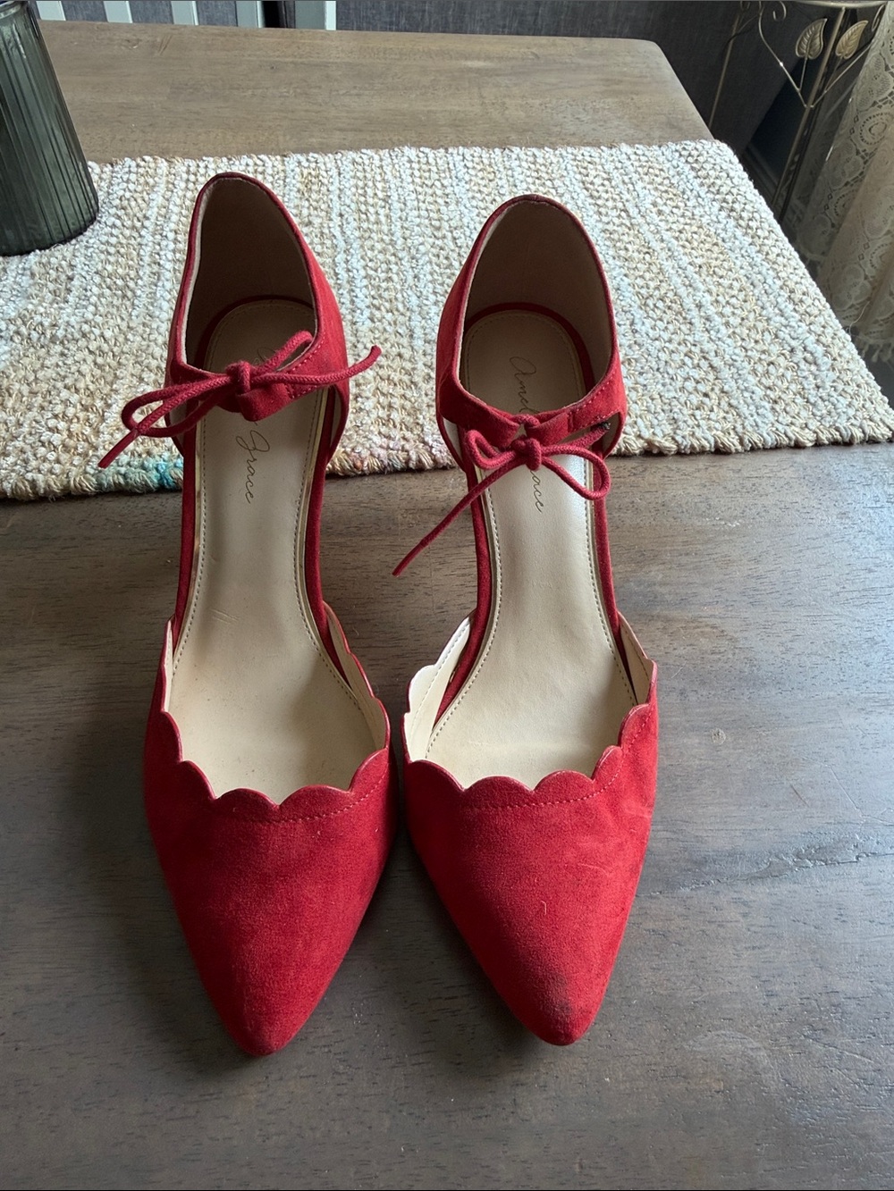 Red Scalloped Pointed-Toe Ankle-Tie Heels by Unknown Brand